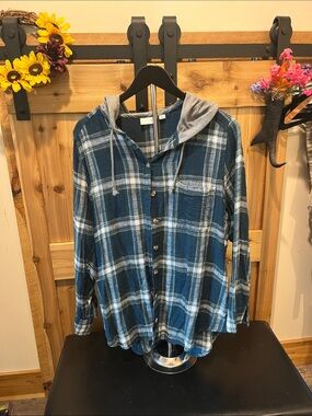 SO Turquoise Plaid Button-Down Hooded Shirt